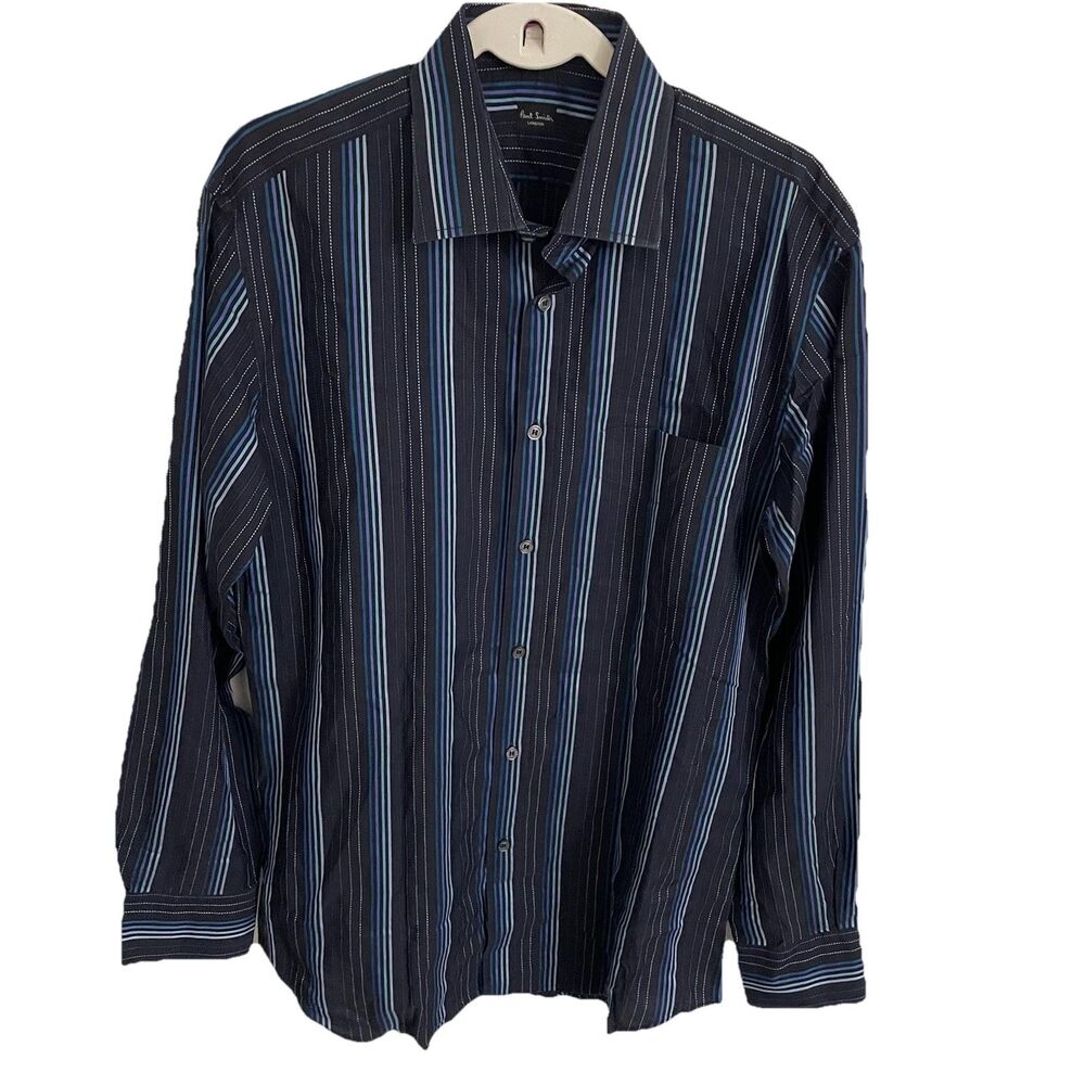 Paul Smith London Shirt Mens 16 Dark Blue Striped Long Sleeve Button Up Italy